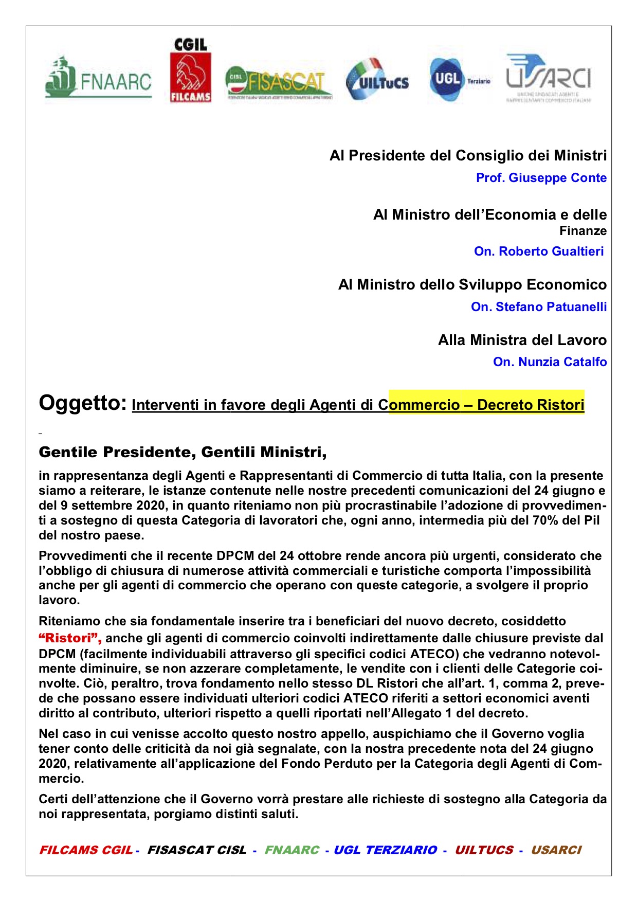 LETTERA AL GOVERNO RICHIESTA RISTORI PER GLI AGENTI DI COMMERCIO