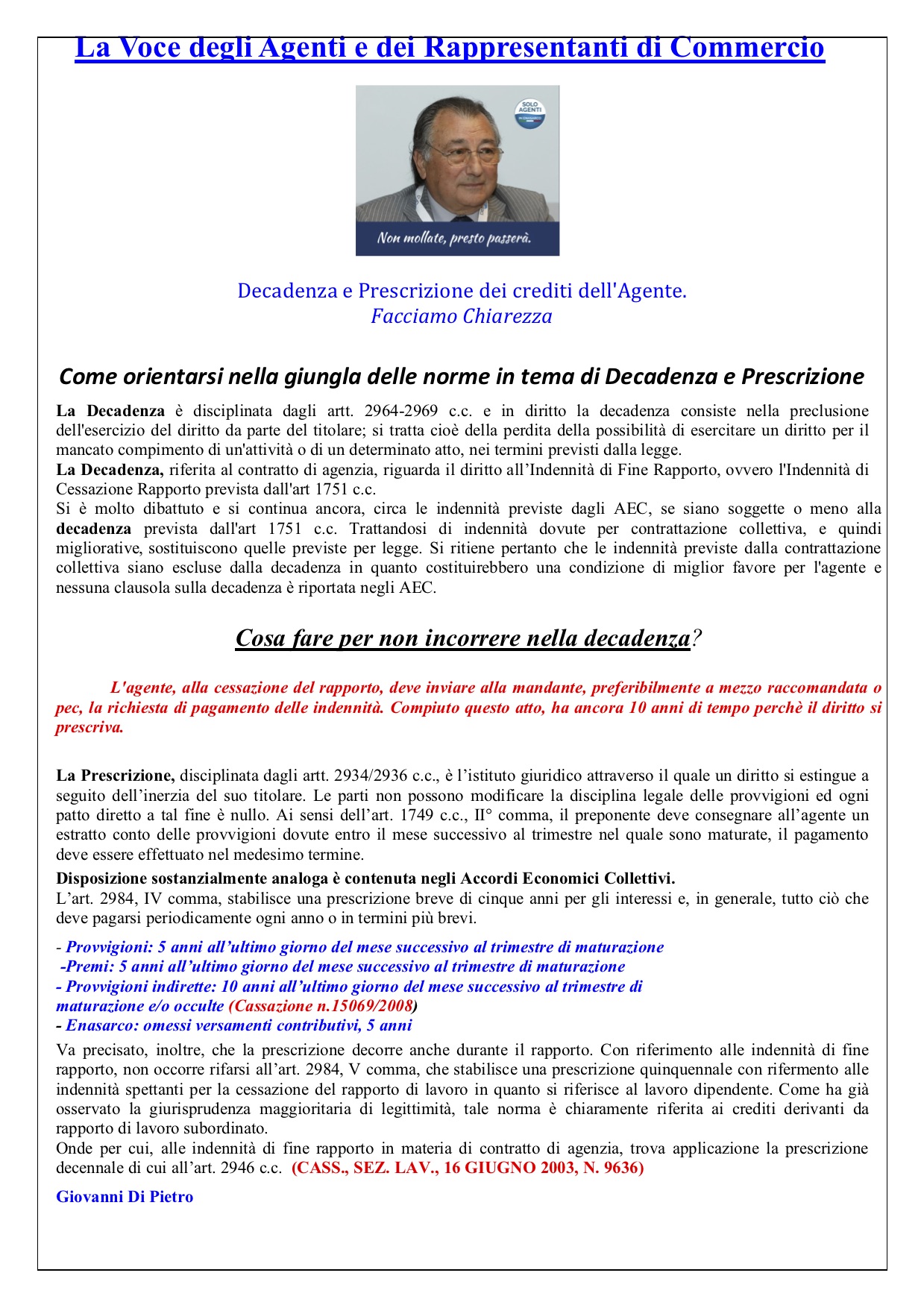 DECADENZA DEI CREDITI DELL'AGENTE DI COMMERCIO